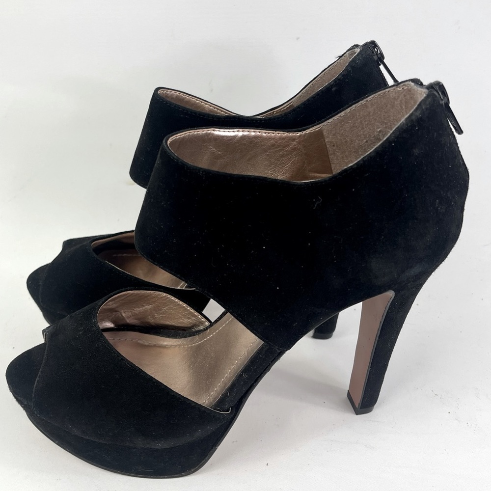 BCBG Paris Black Suede Heels Helara Open Toe Platform Pumps Size 7.5